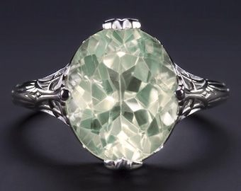 Vintage Style Prasiolith 10K Weißgold Ring Filigrane Oval Form grüner Amethyst (MTO-3972-GAM-10k)