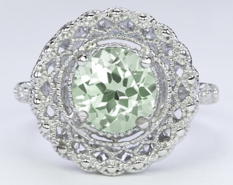 Green Amethyst Sterling Silver Ring Vintage Style Filigree Halo Round Art Deco (18292-GAM)