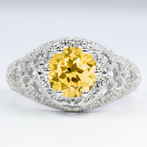 Citrine Sterling Silver Ring Vintage Style Filigree Round Cut Art
