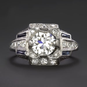Art Deco Diamond Sapphire Engagement Ring Old European Cut Vintage Platinum 1.1C (19072-YBA)