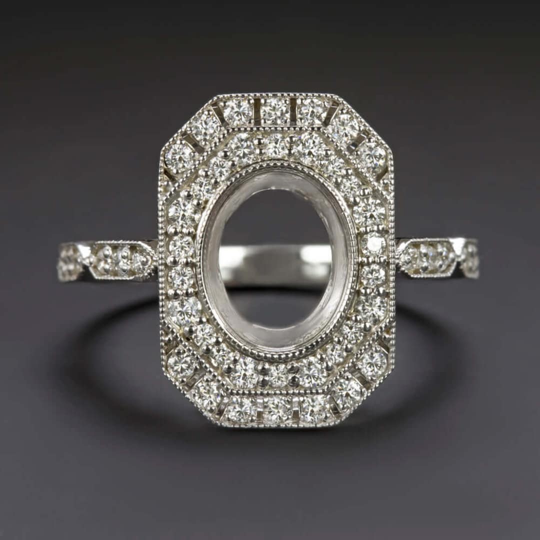 Diamond Ring Setting Art Deco Bezel Semi Mount Vintage Style Oval 14K ...