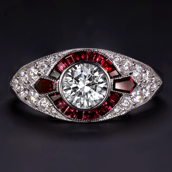 Diamond Ruby Engagement Ring Vintage Style Round Cut Calibre Halo 14K White Gold (MTO-17152-12564-RB)
