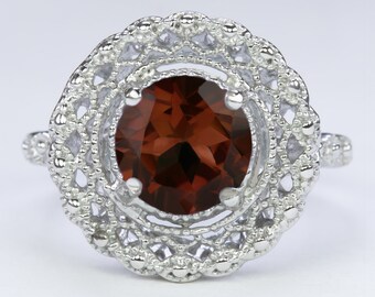 Garnet Sterling Silver Ring Vintage Style Filigree Halo Round Cut Art Deco Red (18292-GAR)
