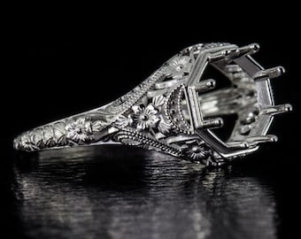 Vintage Style Engagement Ring 8Mm 2Ct Round Setting 14K White Gold Floral Mount (MTO-6422c)