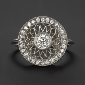 0.81Ct Certified H Vs2 Old European Cut Diamond Cocktail Ring Filigree Halo Vintage White Gold (17349 16616 9860)
