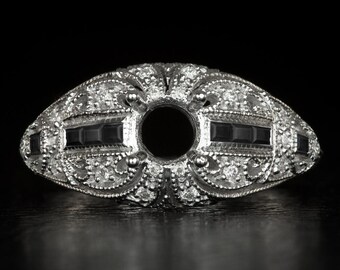 Black Onyx Diamond Engagement Ring Setting Vintage Style Art Deco 14K White Gold (7669-ON)