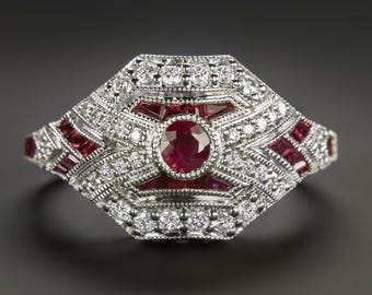 ルビーダイヤモンド アールデコスタイル リング 14K ホワイトゴールド