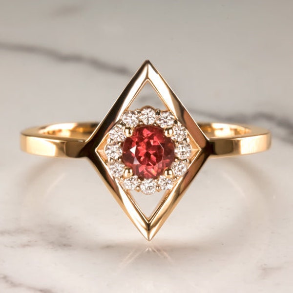 Red Tourmaline Natural Diamond Halo Alternative Engagement Ring Rose Gold Modern Geometric Earth Mined (MTO-11745)