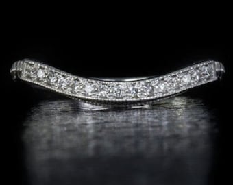 Vintage Style Diamond Wedding Band Curved Ring 14K White Gold Contour Engraved (MTO-7704)