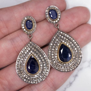 Natural Diamond Sapphire Earrings Statement Drop Dangle Pear Shape Teardrop Blue Big Triple Halo (15581-BS)