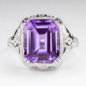 Amethyst Sterling Silver Vintage Style Ring Art Deco Emerald Cut Filigree Purple (18275-AM)