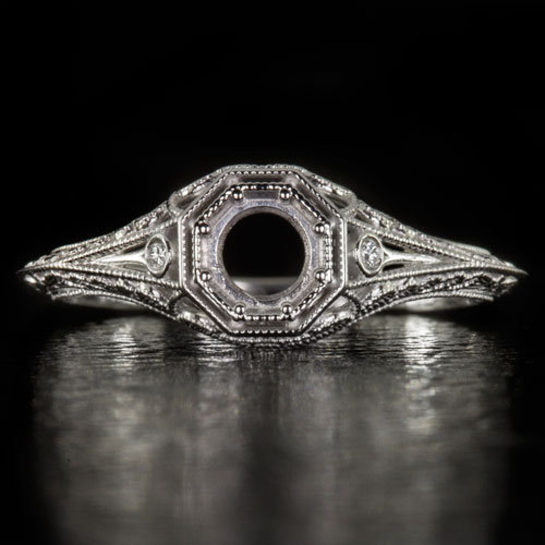 Vintage Art Deco Ring Setting Style - Scroll Filigree Art Deco Crown Engagement Ring Setting for A 1.75 - 2.25 Carat Round Diamond in 18 Karat White