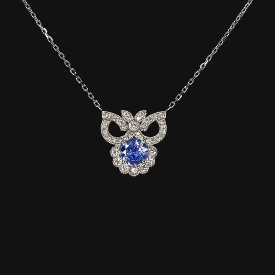 Tanzanite Diamond Pendant Vintage Style Necklace Edwardian 14K