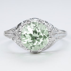 Green Amethyst Sterling Silver Ring Vintage Style Solitaire Filigree Art Deco (18267-GAM)