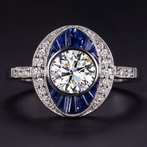 0.90Ct Gia Certified Diamond Sapphire Cocktail Ring Vintage Style 14K White Gold (MTO-17021-12568-BS)