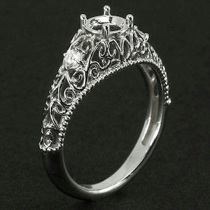 1/2Ct Vintage Filigree Diamond 5Mm Semi Mount Engagement Ring Round Setting 14K White Gold Antique (MTO-6765)