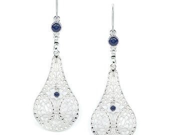 Blue Sapphire Filigree Earrings Sterling Silver Dangle Teardrop Vintage Style (18308-BS)