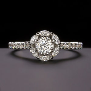 1.12Ctw Celebrity Cut Diamond Engagement Ring Marquise Halo Radiant Star Round Pave Band Natural (14030)