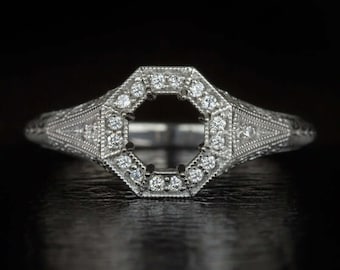 Art-Deco-Diamant-Rundring mit Halbfassung im Vintage-Stil, Halo-Filigran, Größe 14 (MTO-6872)