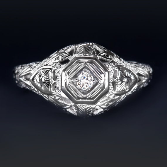 Antique Diamond 18K White Gold Engagement Ring Old
