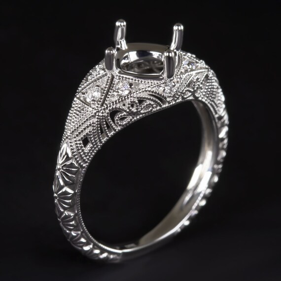 Vintage Art Deco Ring Setting Style - Art Deco 7mm Round Stone Crown Engagement Ring Setting in White Gold (1.25 - 1.50 Carat) Filigree Scrolls