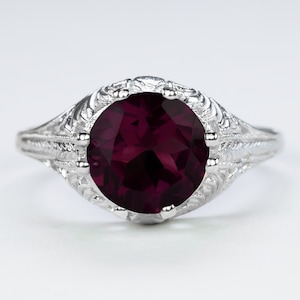 Rhodolite Garnet Sterling Silver Ring Vintage Style Solitaire Filigree Art Deco (18267-RHOD)