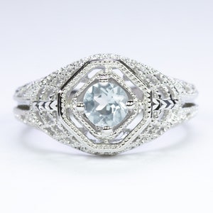 Aquamarine Sterling Silver Ring Vintage Style Solitaire Filigree Round Art Deco (18300-AQ)