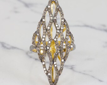 Natural .84C Pave Diamond Statement Ring 1.5In Big Geometric Cocktail Long Cuff (15578-DI)