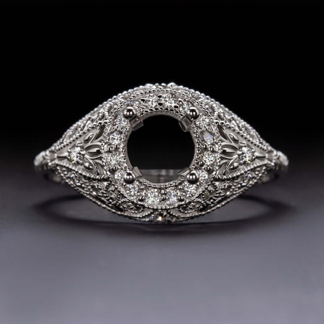 Art Deco Vintage Style Halo Round Engagement Diamond Setting White Gold ...