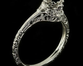 Engagement Ring Setting Art Nouveau Filigree Round Cushion Solitaire 14K W Gold (MTO-4356)