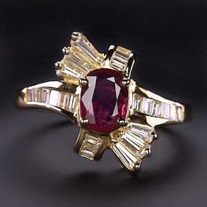 Ruby Diamond Cocktail Ring 18K Yellow Gold Natural Bypass Oval Baguette Estate (18158)