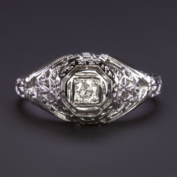 Art Deco Diamond Ring 18K White Gold Filigree Dom… - image 1