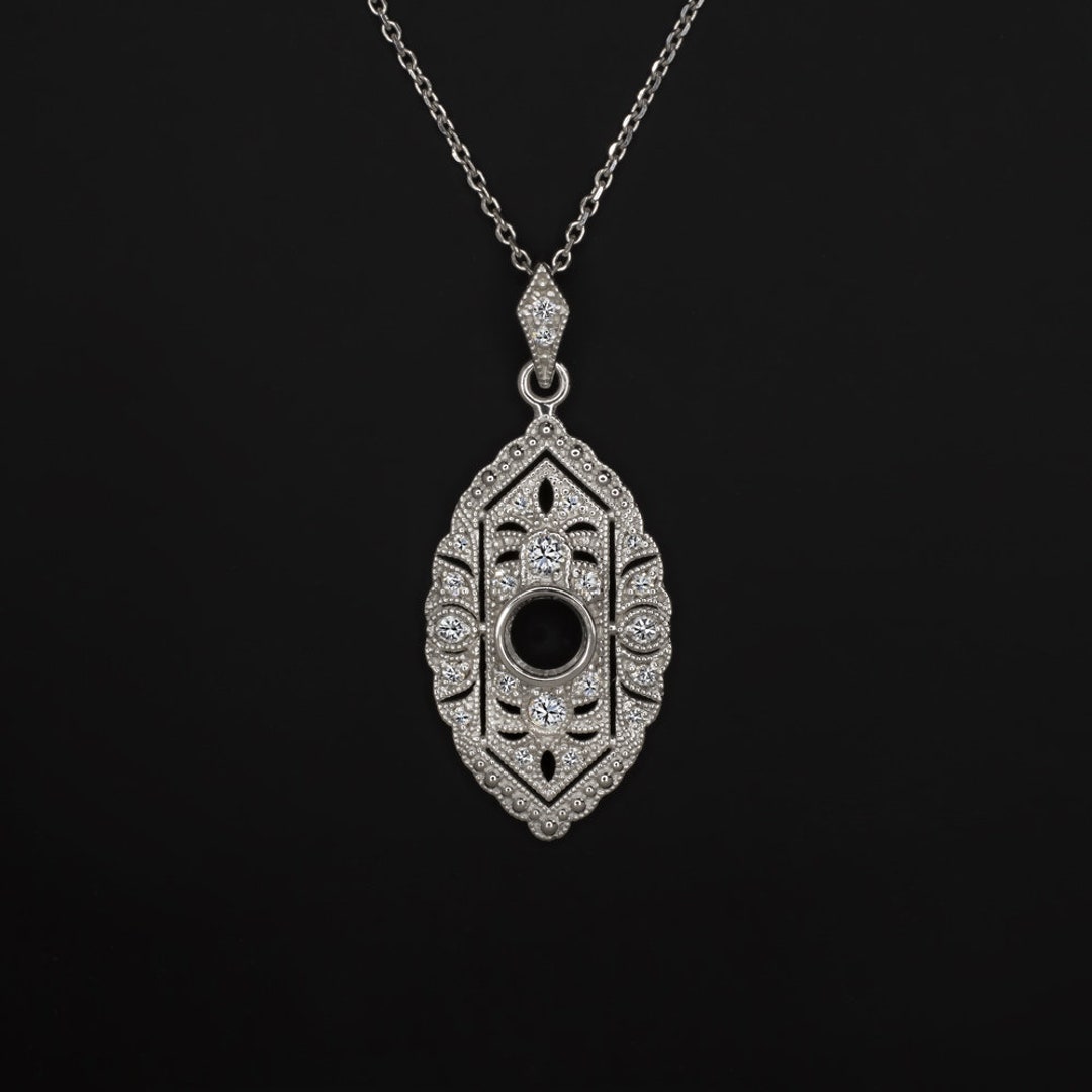 Vintage Style Diamond Pendant Setting 4mm Semi Mount Necklace Art Deco