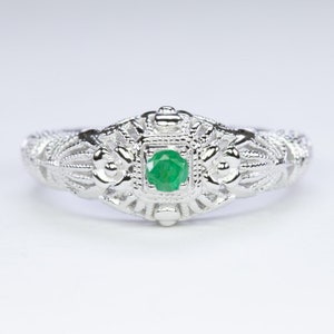 Emerald Vintage Style Cocktail Ring Sterling Silver Filigree Dainty Round Green (18305-EM)