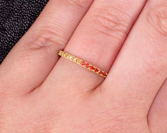 14K Gold Natural Red Orange Yellow Sapphire Stacking Ring Ombre Eternity Wedding Band Gradient Half and Half (13132-osap-ysap)