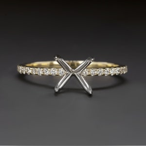 Round Natural Diamond Ring Setting Two Tone 14K Yellow White Gold Thin Pave Band (MTO 12009-TT-6.5)