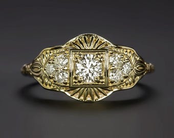 Anillo de cóctel de diamantes estilo vintage con filigrana, oro amarillo de 14 quilates, talla redonda natural (MTO-5536-DIA)