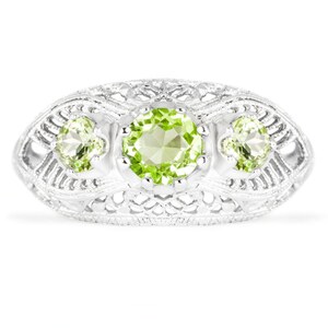 Peridot Sterling Silver Vintage Style Ring 3 Stone Art Deco Filigree Green Gem (18274-PR)