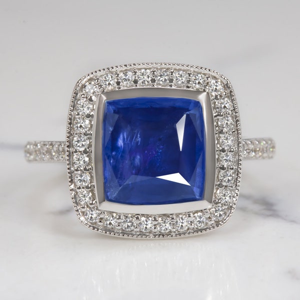 3.5Ct Sapphire Diamond Cocktail Ring Halo Cushion Shape White Gold Engagement Natural Royal Blue (15164)