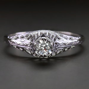 Art Deco Diamond Ring Old European Cut 1/3Ct Vintage Filigree 14K White Gold (16461)