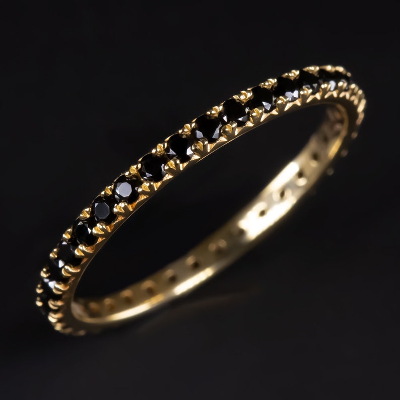 14K Yellow Gold Natural Black Spinel Eternity Ring Stacking Wedding ...