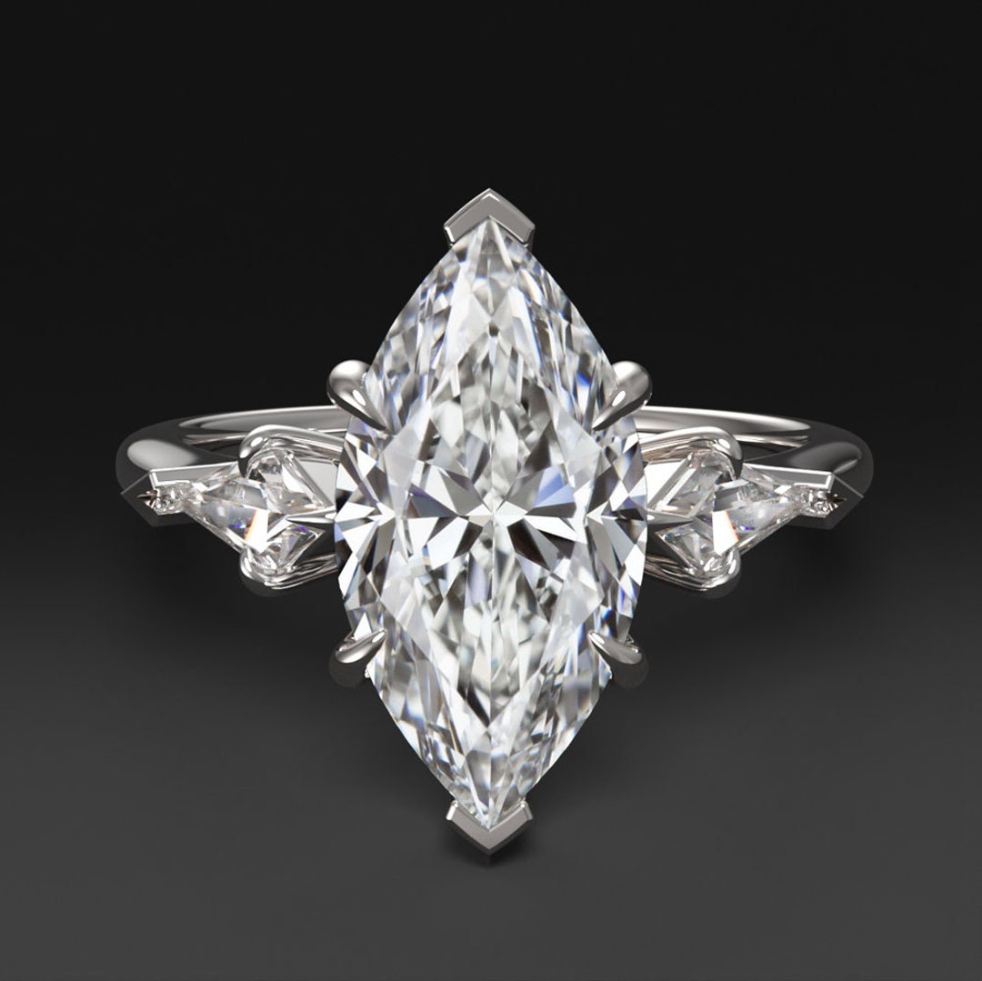 2ct Lab Created Diamond Engagement Ring 3 Stone Marquise Kite Cut 14K ...
