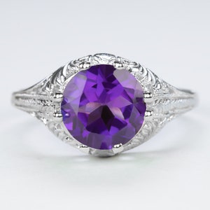 Amethyst Sterling Silver Ring Vintage Style Solitaire Filigree Purple Art Deco (18267-AM)