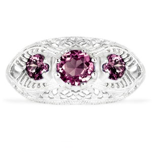 Rhodolite Garnet Sterling Silver Vintage Style Ring 3 Stone Art Deco Filigree (18274-RHOD)