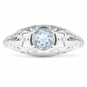 Aquamarine Sterling Silver Vintage Style Solitaire Ring Floral Promise Blue (18269-AQ)