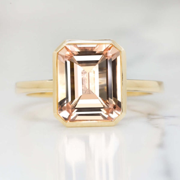 3.4Ct Emerald Cut Morganite Solitaire Ring Bezel 14K Yellow Gold Pink Natural Cocktail Engagement (MTO-16670)