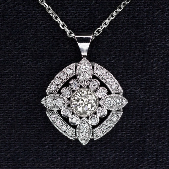 Natural Diamond Pendant Vintage Style Halo Necklace Art Deco 14K