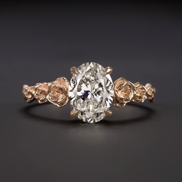 1.55Ct Oval Shape Cut Diamond Engagement Ring Rose Gold Floral Flower Cocktail 1.5 Carat Natural (15887)