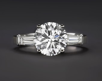 2.70Ct E-F Si3 Round Cut Diamond Engagement Ring Platinum Classic Baguette 2.5Ct (15878)