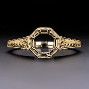 Art Deco Engraved Sem Mount Round Stone 6.0 6.5Mm Vintage Setting 14K Ring Deco (MTO 6415-YG)